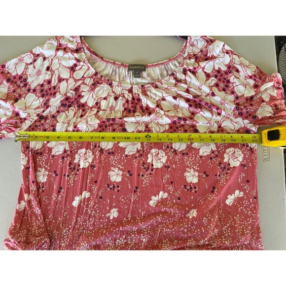 Style & Co Womens Floral Bell Sleeve Top XL Dot Pink Rayon/Spandex - Picture 5 of 9